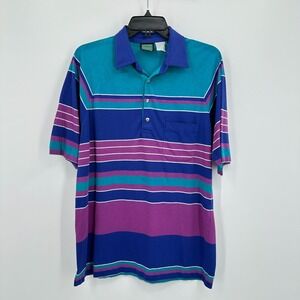 Vintage Jantzen Classics Polo Shirt Mens L Blue Purple Striped Golf Front Pocket